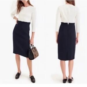 J. Crew Dress Navy Blue Pencil Ivory Skirt Knee-Length 3/4 Long Sleeve Work XS 0